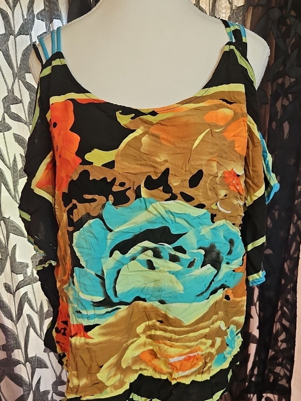 Cato Cold-Shoulder Floral Tunic in Black, Turquoise & Orange